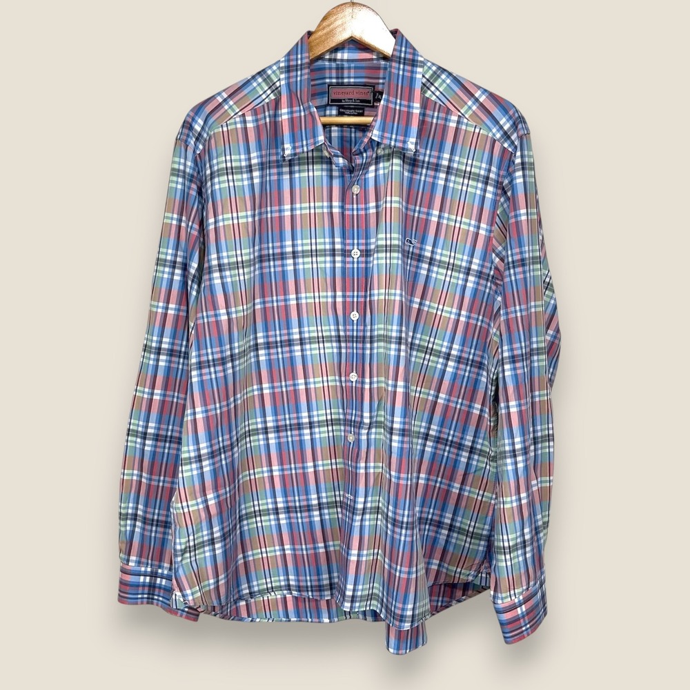 Vineyard Vines‎ Collegiate Shirt Men XL Blue Pink Pastel Spring 100% Cotton